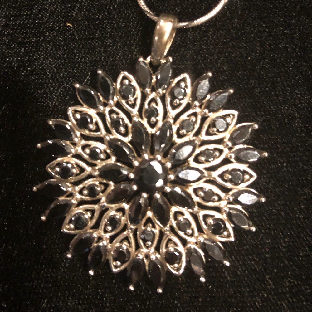 Black and Silver Pendant Necklace with Rhinestones